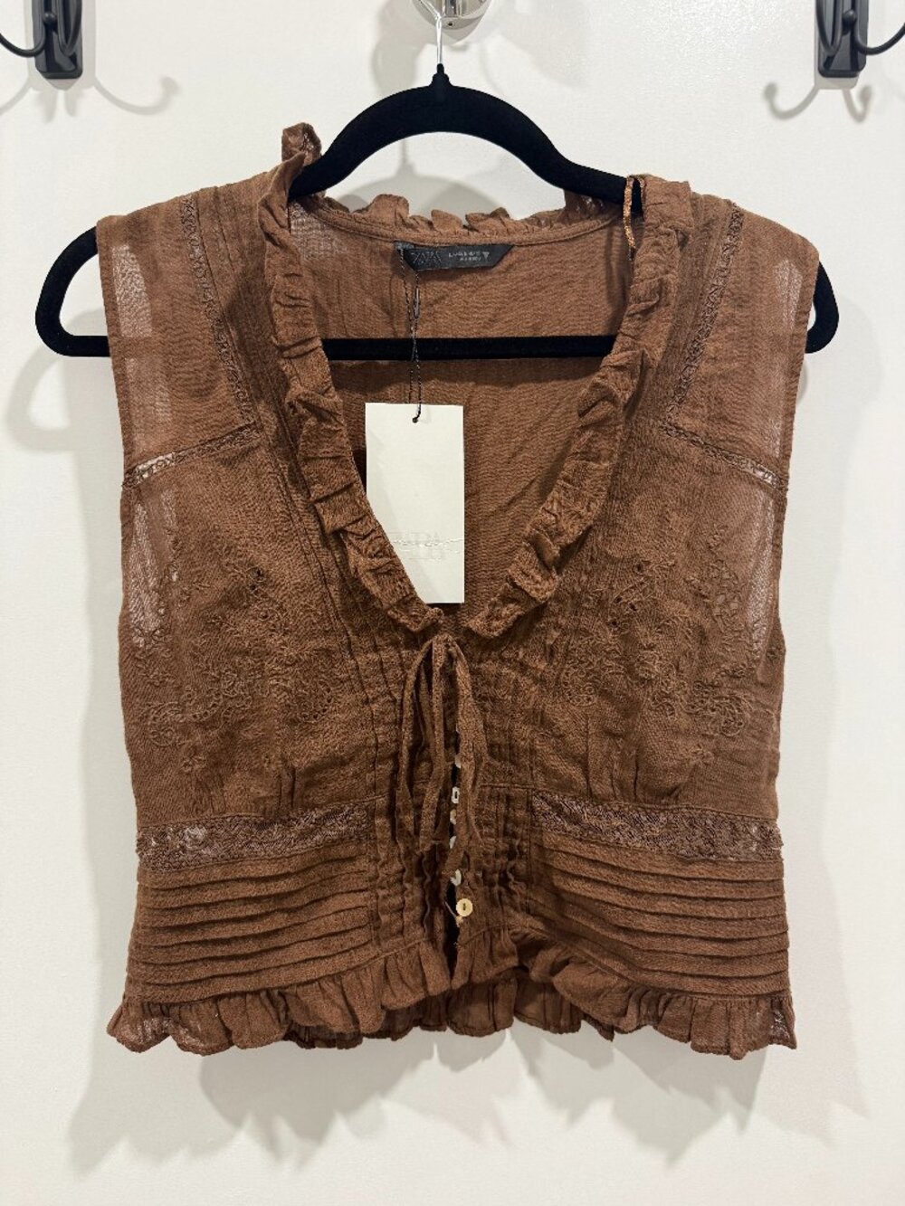 Embroidered Gauze Top, Size: M, Color: Brown